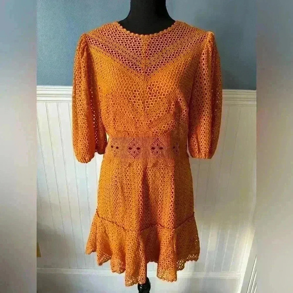 Saylor Milo Puff Sleeve Dress ~ Burnt Orange ~ Large - Picture 5 of 9
